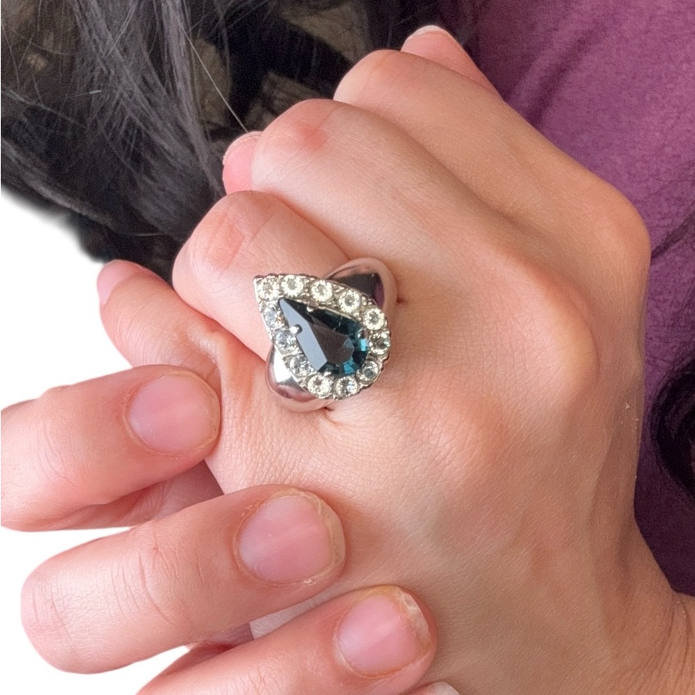 Saint Laurent Silver Ring Teardrop Blue Stone Size 7 - Picture 6 of 9